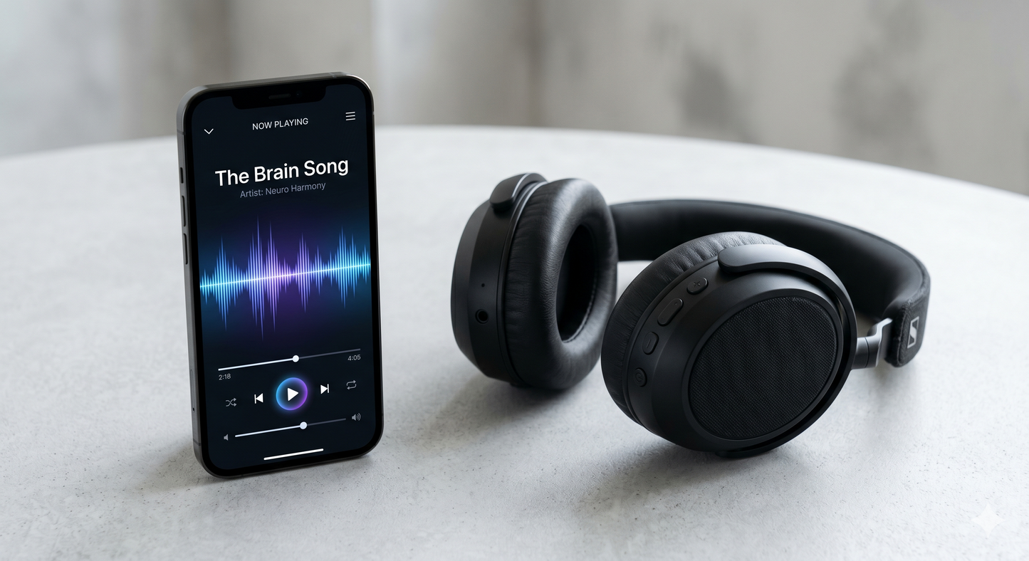 The Brain Song 12-minute digital audio product mockup showing a sleek smartphone playing a brainwave activation track next to premium headphones.
