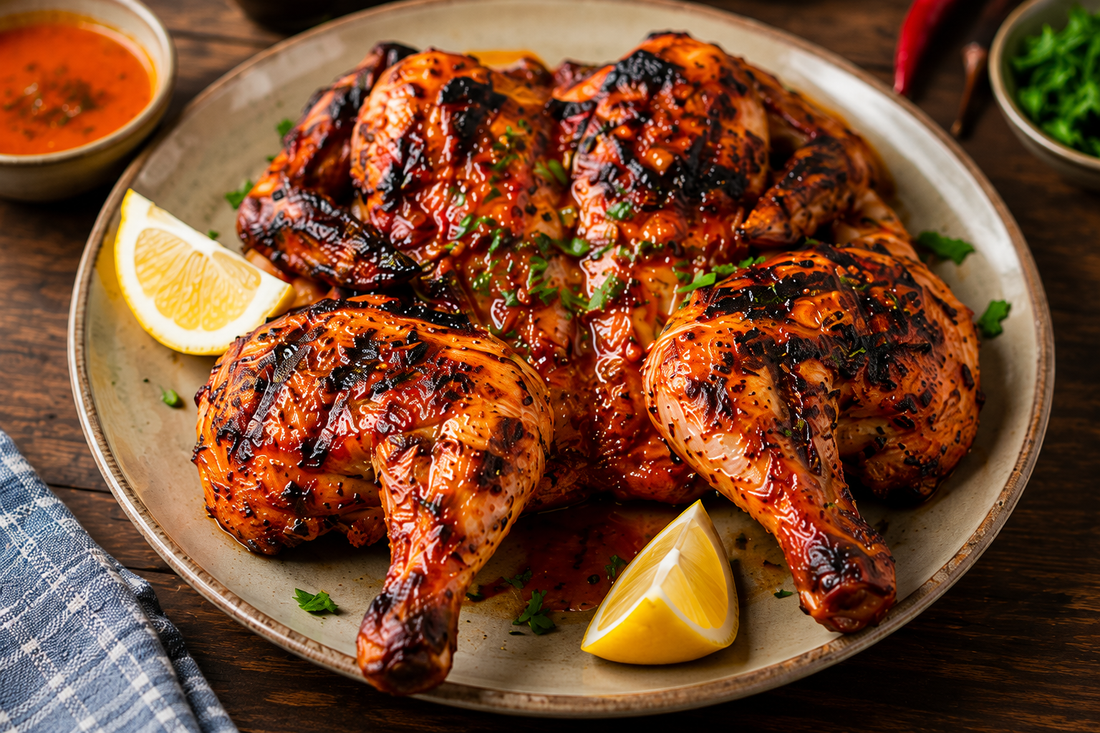 Authentic Portuguese Piri-Piri Chicken (Frango Assado) grilled over an open flame with a traditional garlic, lemon, white wine, and bird's eye chili marinade.