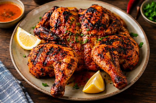 Authentic Portuguese Piri-Piri Chicken (Frango Assado) grilled over an open flame with a traditional garlic, lemon, white wine, and bird's eye chili marinade.