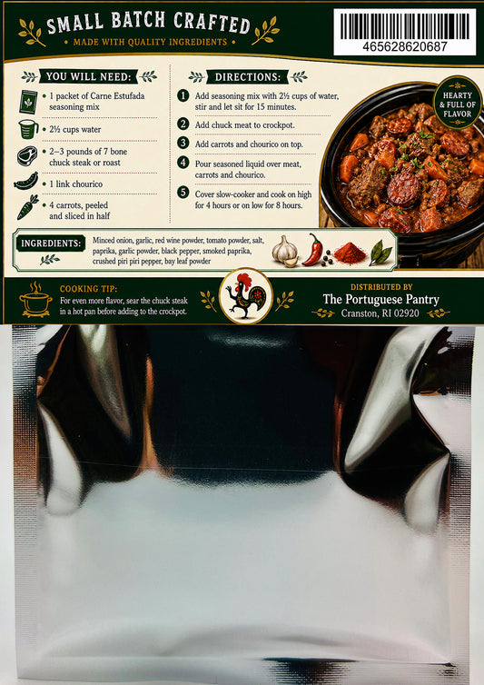 Back of a Portuguese Pantry Small Batch Crafted smoked sausage package, showing ingredients, directions, a cooking tip, and a photo of cooked sausage in a pan.