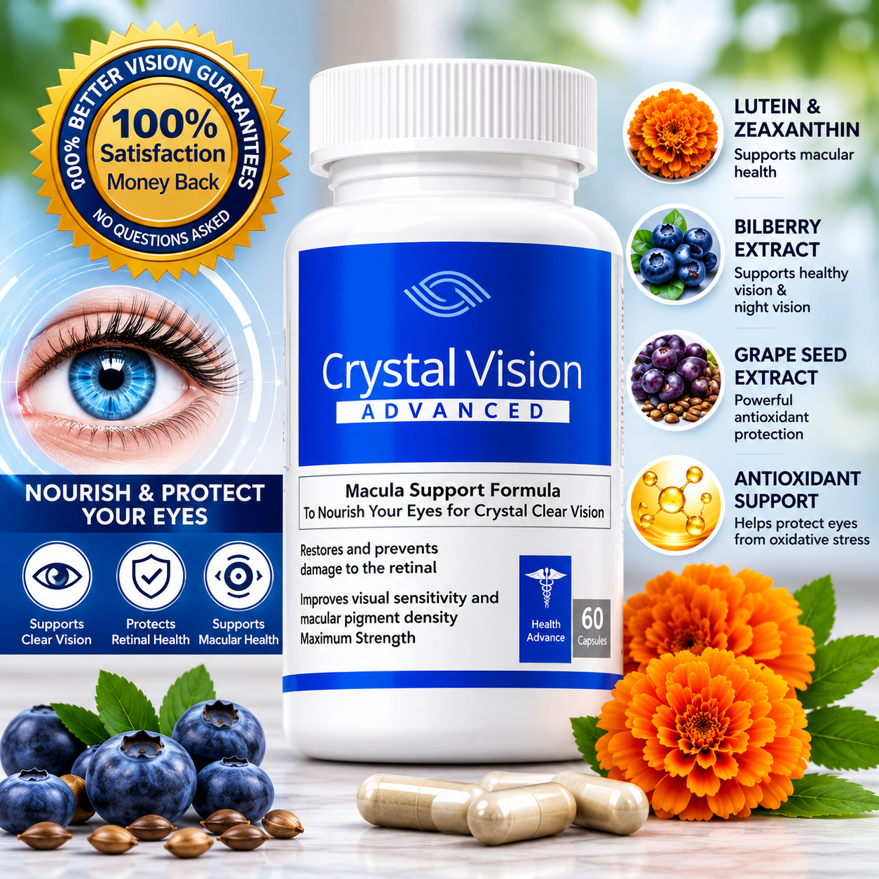 Crystal Vision eye health supplement bottle with lutein and zeaxanthin for vision support