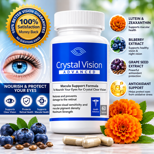 Crystal Vision eye health supplement bottle with lutein and zeaxanthin for vision support