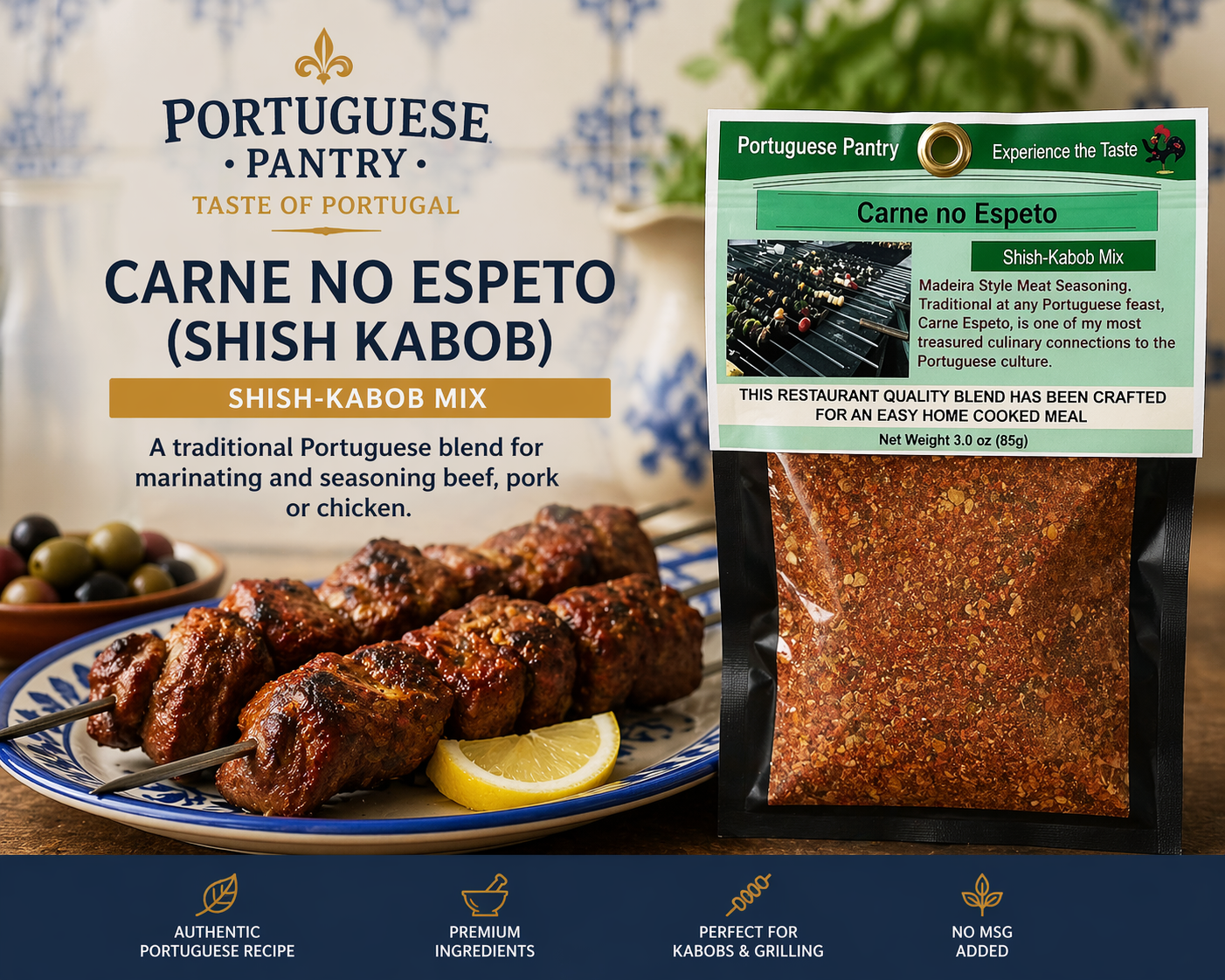 Portuguese Pantry Shish Kabob Mix packaging with shish kabob on a plate.