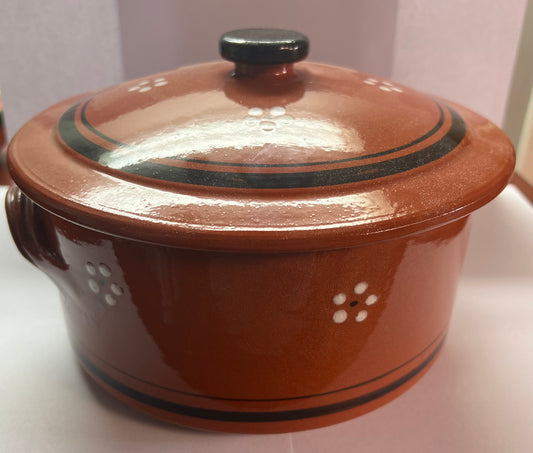 Traditional Portuguese Clay Terracotta Hand-Painted Cazuela Cooking Pot with Lid