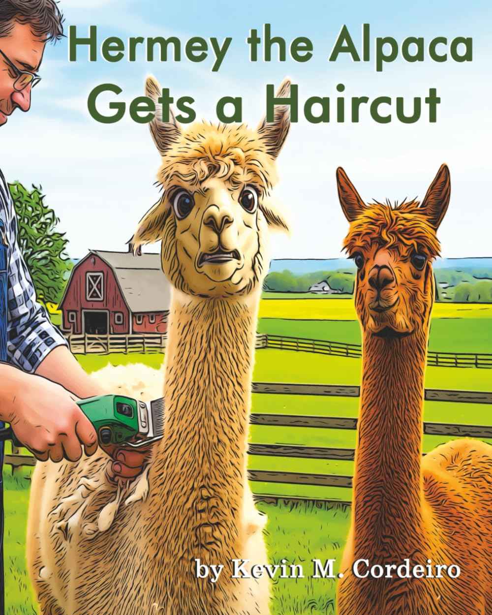 Illustrated book cover titled "Hermey the Alpaca Gets a Haircut" showing a person using an electric clipper on a cream alpaca in a farm setting, with a second brown alpaca beside it. Author text at the bottom reads "by Kevin M.