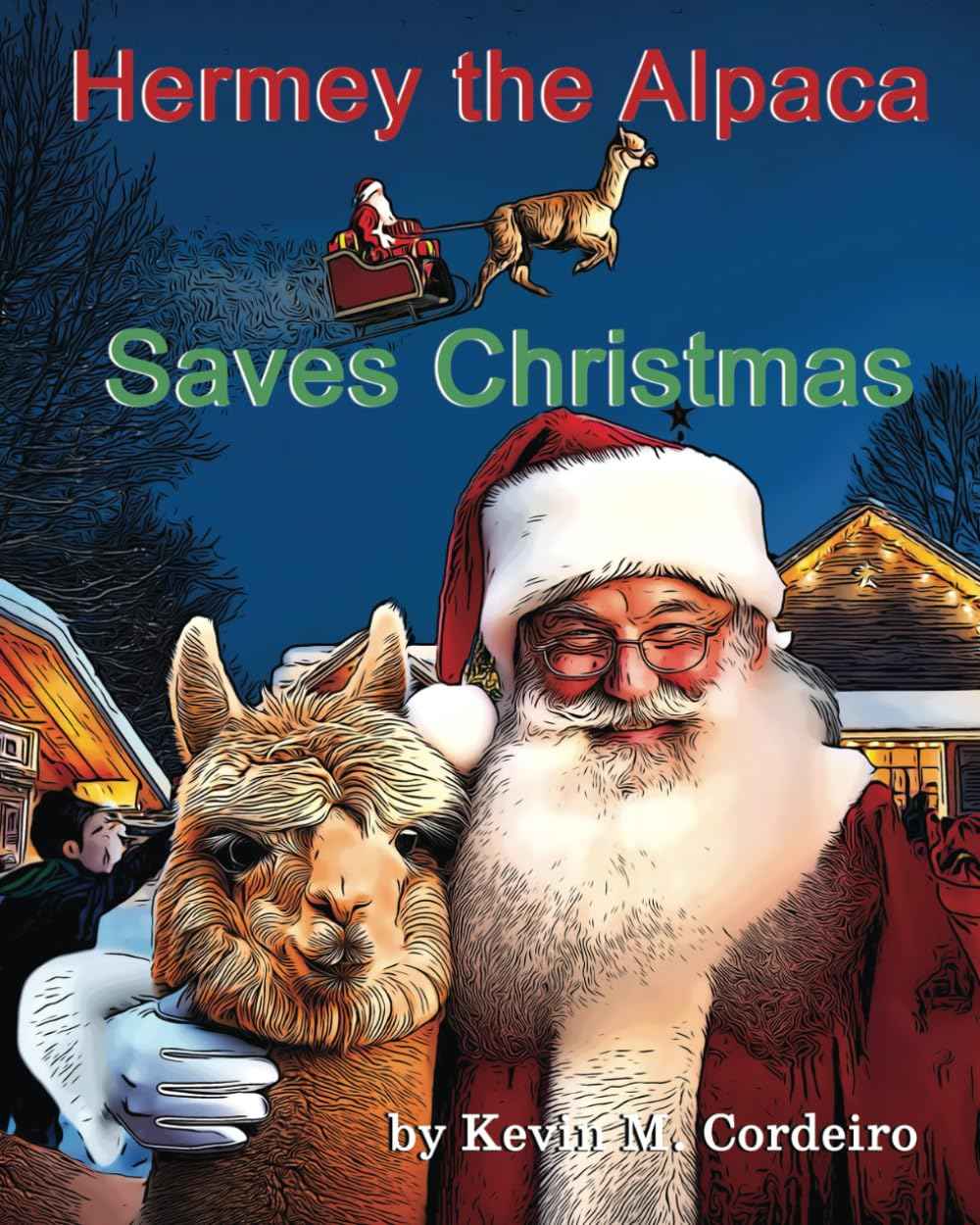 Book cover of 'Hermey the Alpaca Saves Christmas' featuring Santa Claus and an alpaca.