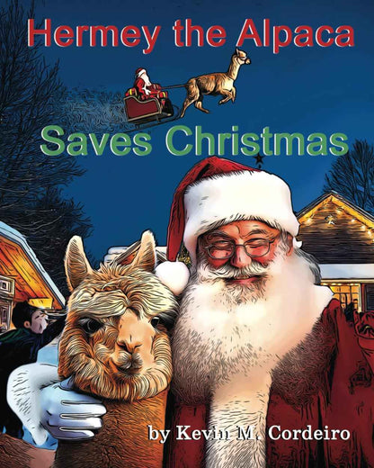 Book cover of 'Hermey the Alpaca Saves Christmas' featuring Santa Claus and an alpaca.