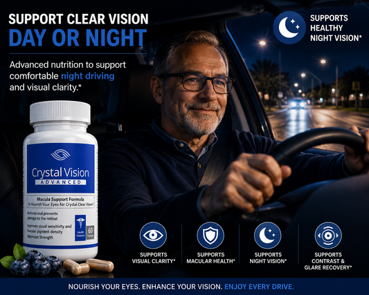 Night driving support lifestyle image featuring Crystal Vision vision formula