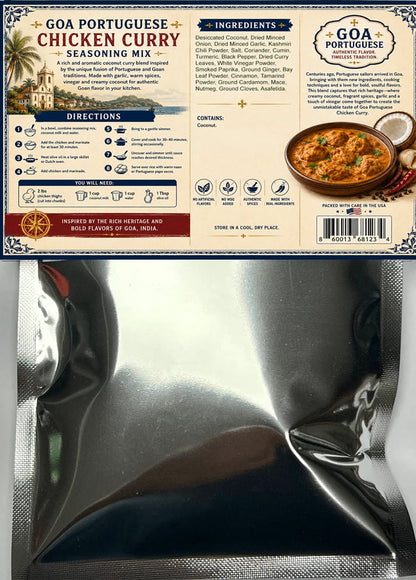 Back of Goa Portuguese Chicken Curry Seasoning Mix package with cooking directions