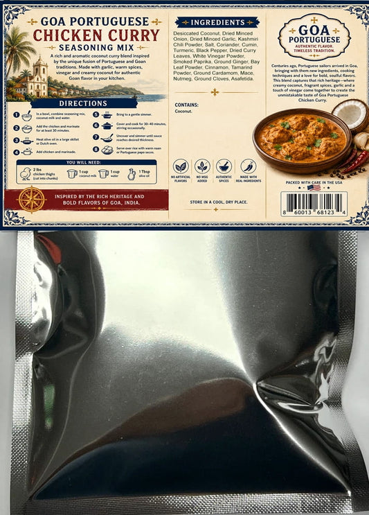 Back of Goa Portuguese Chicken Curry Seasoning Mix package with cooking directions