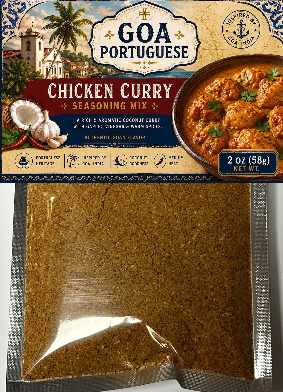 Goa Portuguese Chicken Curry Seasoning Mix with coconut, garlic and medium-heat Goan spices