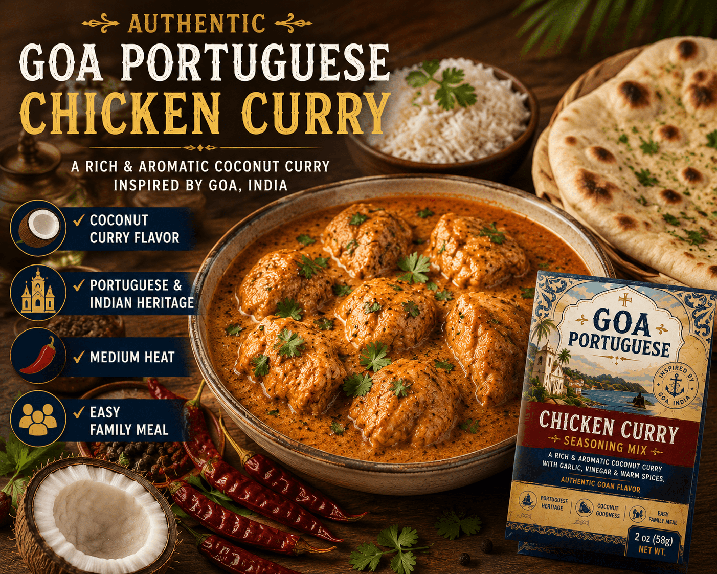 Finished Goa Portuguese coconut chicken curry served with rice and bread