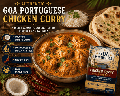 Finished Goa Portuguese coconut chicken curry served with rice and bread
