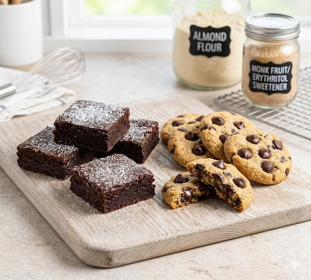 Decadent keto chocolate brownies and chocolate chip cookies made with sugar-free sweeteners and almond flour.