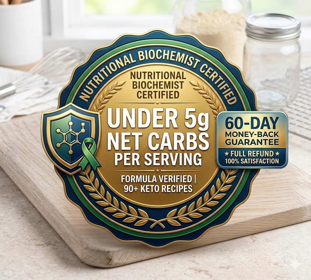 Nutritional biochemist certified seal for under 5 grams of net carbs per serving with a 60-day money-back guarantee badge. 
