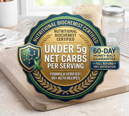 Nutritional biochemist certified seal for under 5 grams of net carbs per serving with a 60-day money-back guarantee badge. 