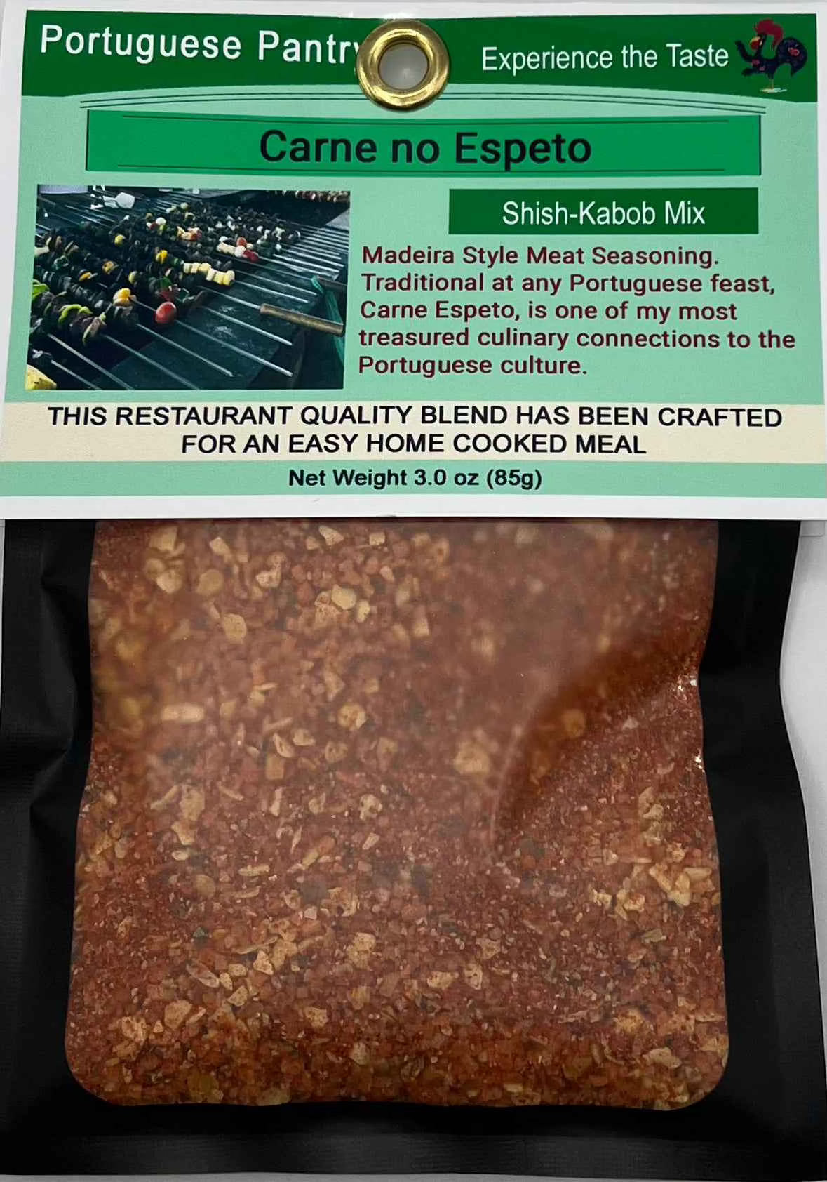 Portuguese Carne no Espeto Seasoning Mix package by Portuguese Pantry for authentic Madeiran beef skewers and Portuguese BBQ.
