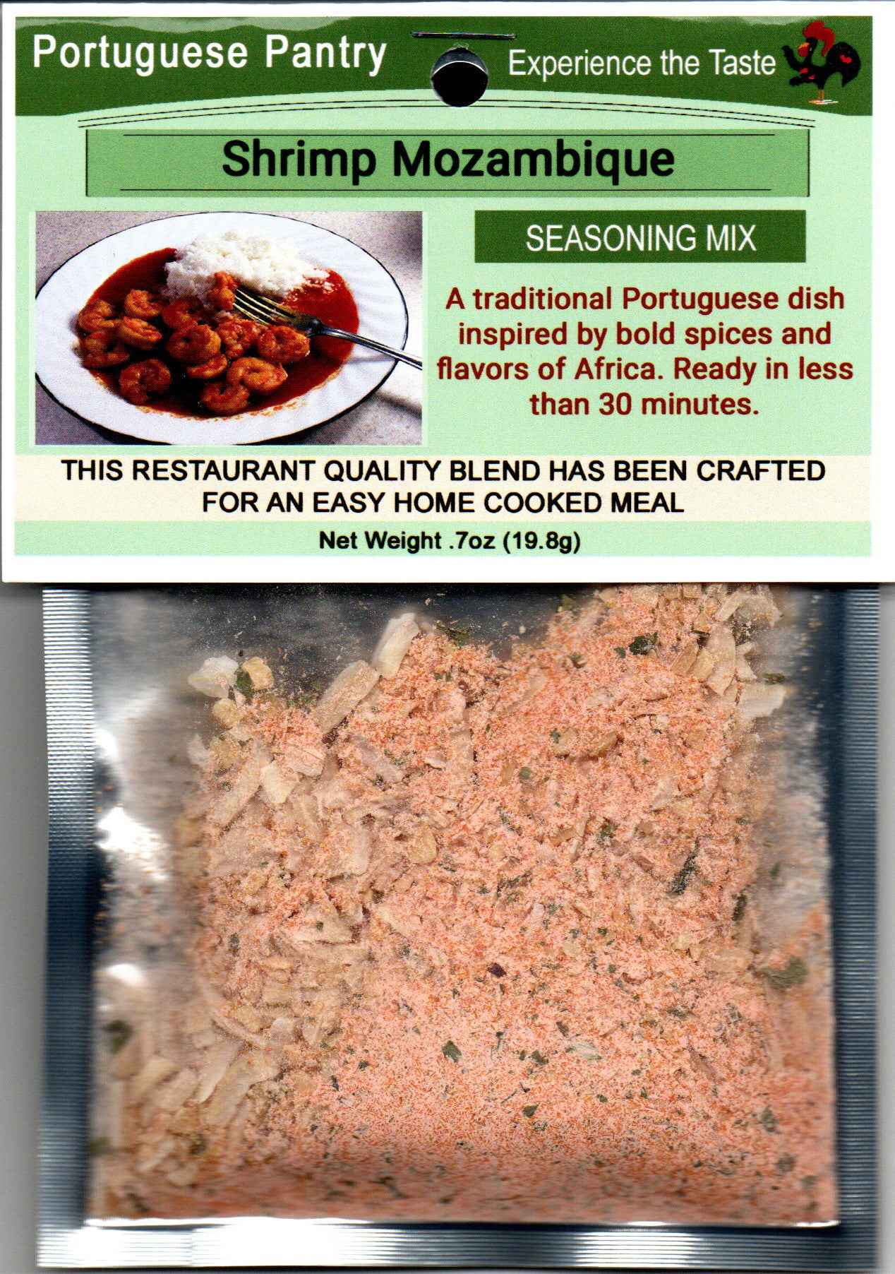 Portuguese Shrimp Mozambique Seasoning Mix package front – authentic Camarão Moçambique seasoning for buttery garlic shrimp recipe