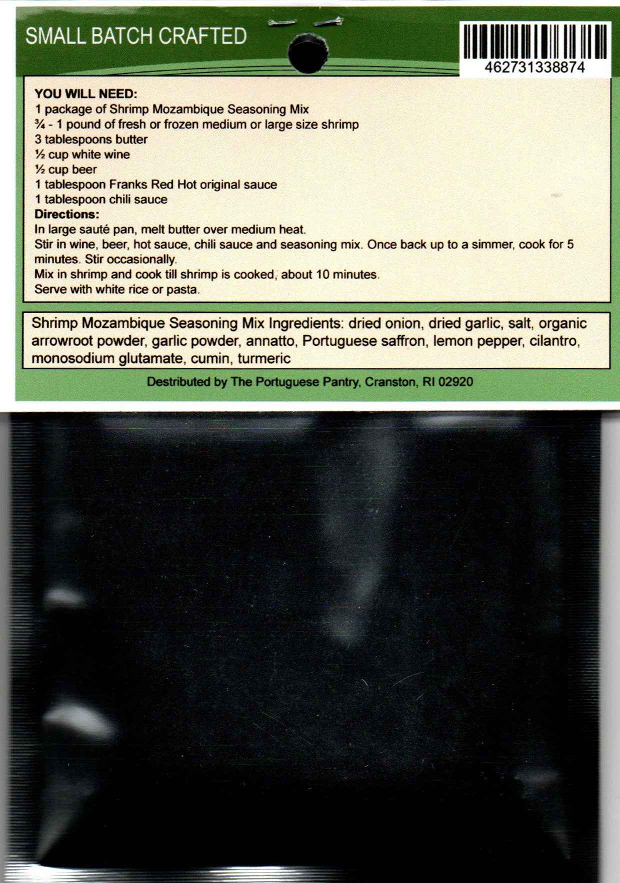 Back of Portuguese Shrimp Mozambique Seasoning Mix package showing authentic Camarão Moçambique recipe and cooking directions