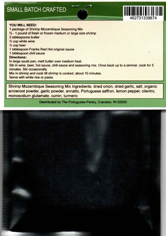 Back of Portuguese Shrimp Mozambique Seasoning Mix package showing authentic Camarão Moçambique recipe and cooking directions