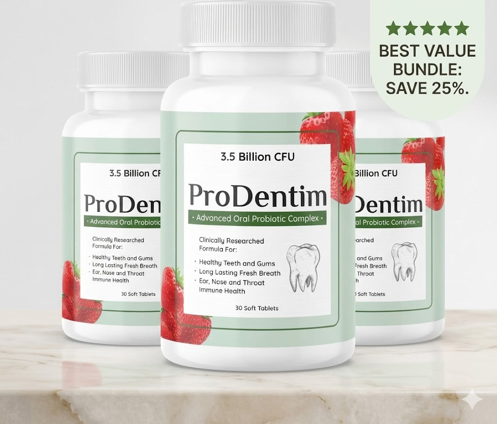 A discounted three-bottle bundle of ProDentim oral probiotics on a white marble surface with a "SAVE 25%" badge.