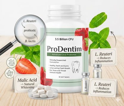 An infographic showing ProDentim ingredients including Malic Acid and L. Reuteri, with arrows detailing oral health benefits.