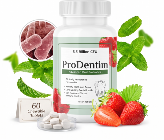 ProDentim Advanced Oral Probiotics supplement bottle with strawberry and mint graphics, displaying 30 soft tablets and 3.5 billion CFU.
