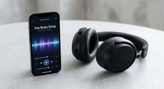 The Brain Song 12-minute digital audio product mockup showing a sleek smartphone playing a brainwave activation track next to premium headphones.
