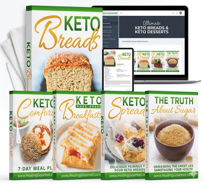 The Ultimate Keto Breads and Keto Desserts cookbook digital bundle displayed on an iPad, iPhone, and computer screen.